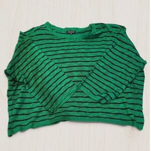 Olive Scent Green Black Striped Knit Sweater Womens Small Boxy Cropped Layering